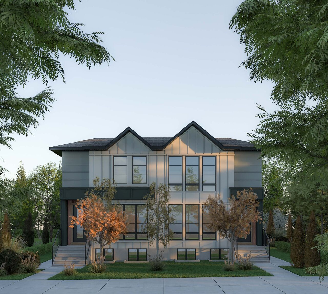 Architectural rendering of a semi-detached Skyaura Homes development framed by mature trees